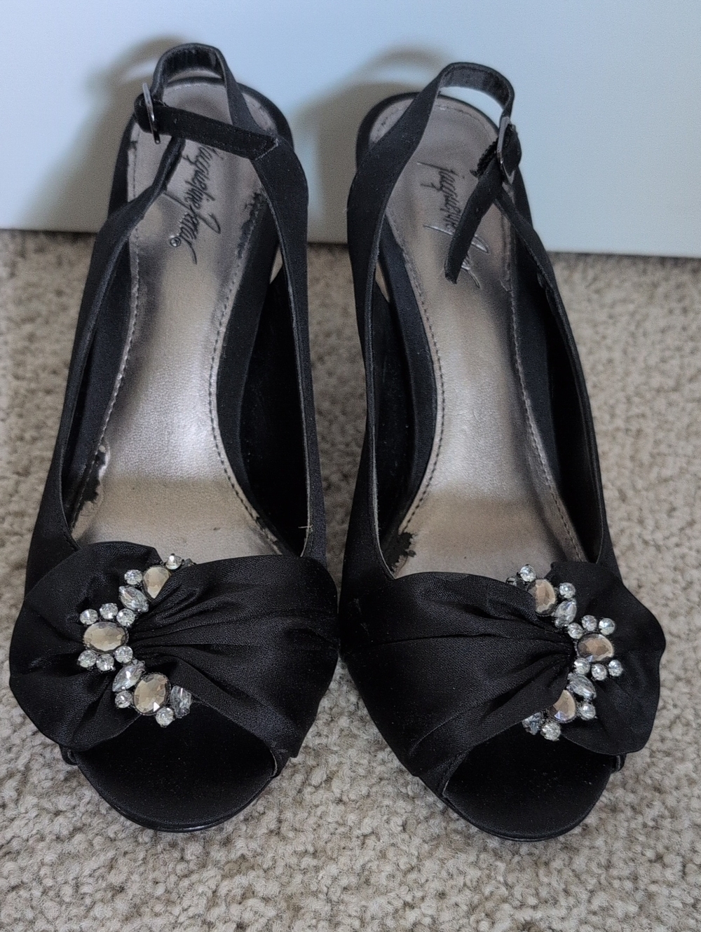 Jacqueline Ferrar Black Satin Peep-Toe Slingbacks with Crystal Accent